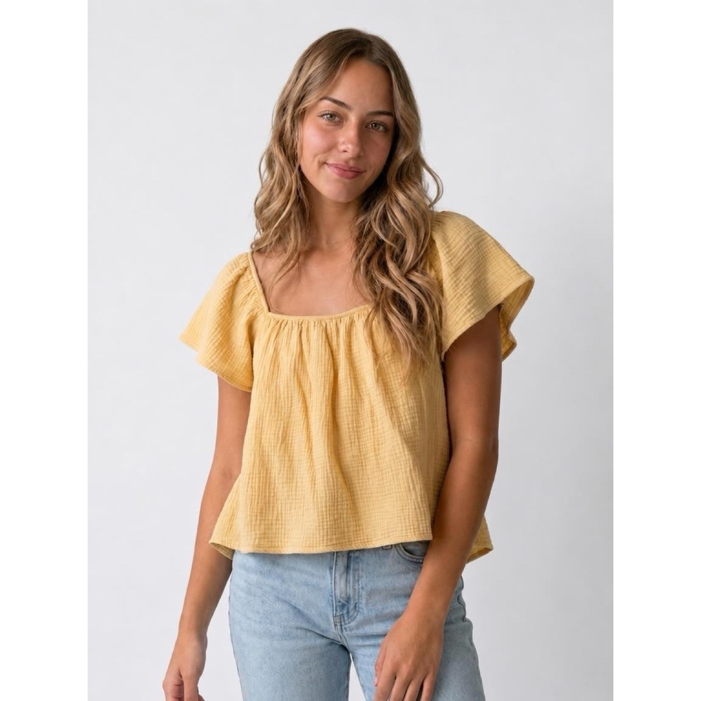 Pyn Burches Butter Yellow 100% Cotton Gauze Open Tie Back Lagenlook Top Medium